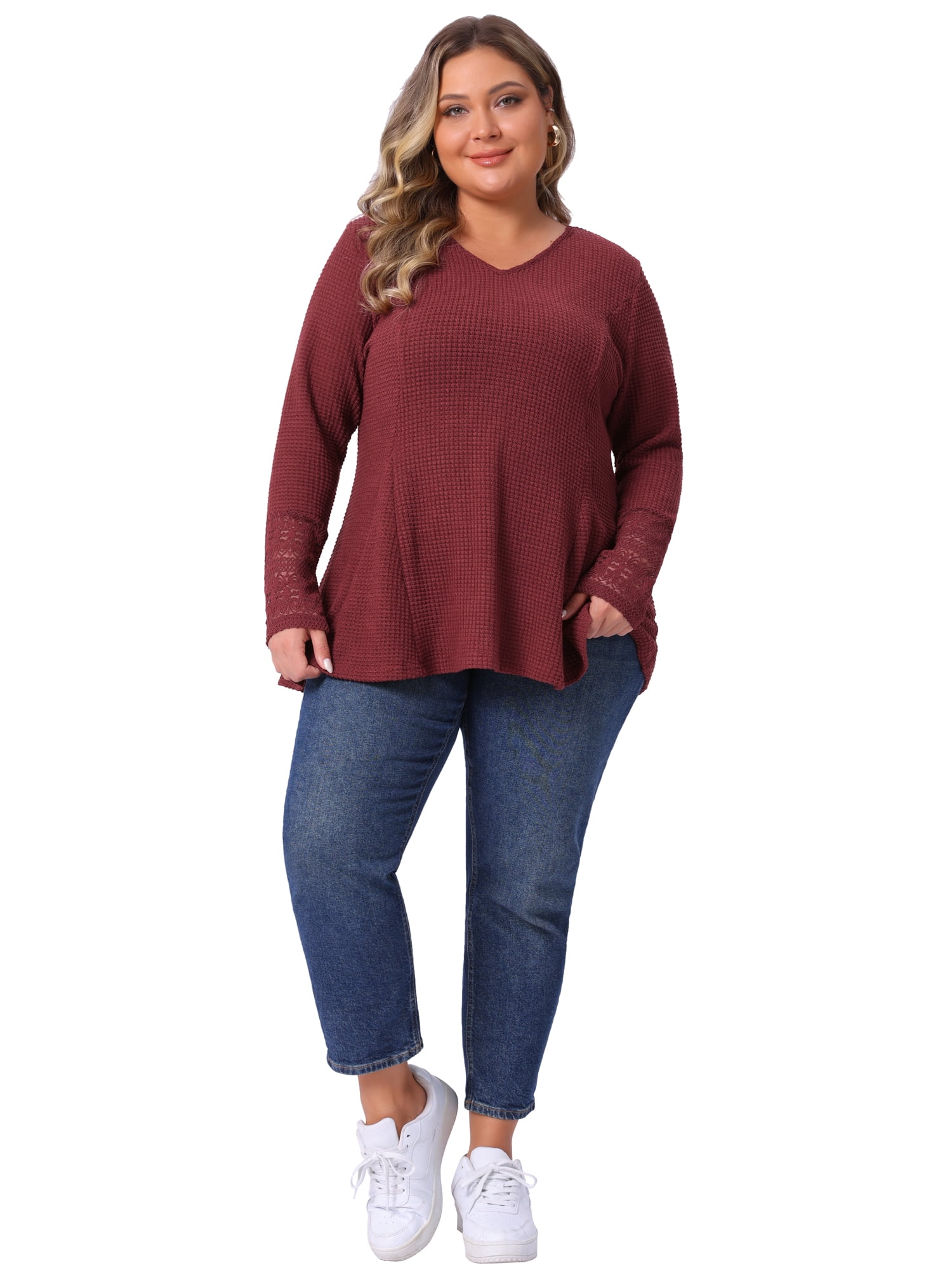 DARING DIVA Women's Plus Waffle Knit Tops V Neck Lace Patchwork Blouse 3X Brown Red