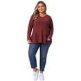 thumbnail image 3 of DARING DIVA Women's Plus Waffle Knit Tops V Neck Lace Patchwork Blouse 1X Brown Red, 3 of 6
