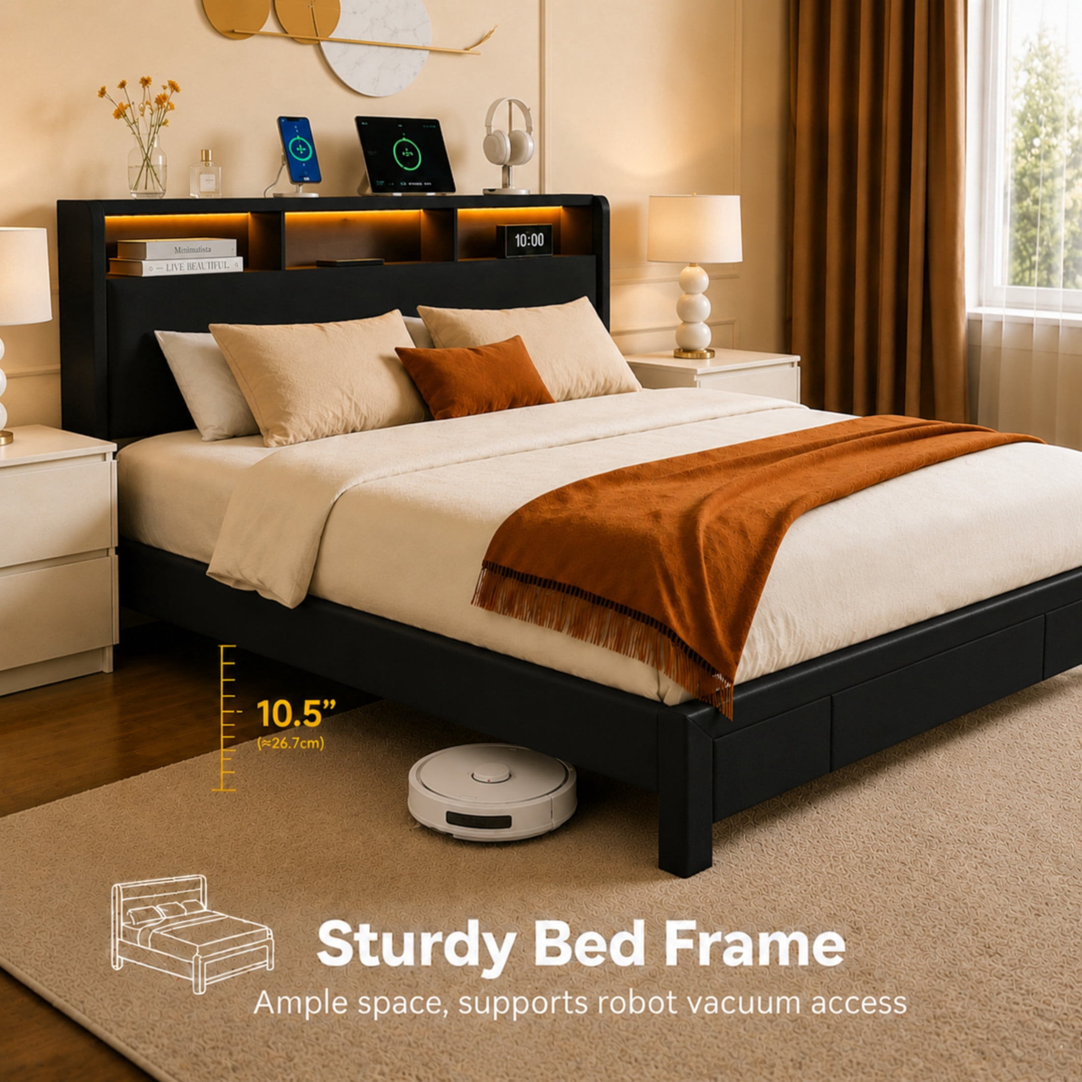 Noble House Rowen Queen Upholstered Platform Bed Frame with Charging Station & LED Light, Storage Drawers, Black