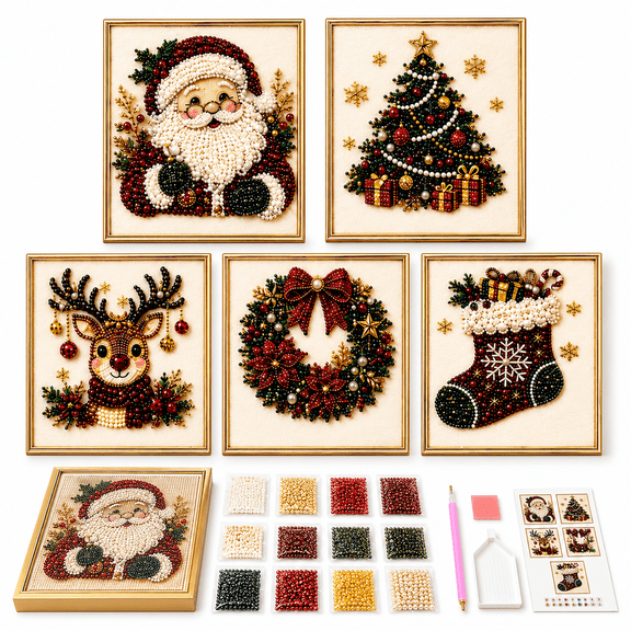 DIY Christmas Pearl Diamond Painting Art Kit, Santa Pearl Art Kit for Adults, 3D Diamond Painting Crafts with Frame, Christmas Diamond Art Wall Decor, Beginner DIY Holiday Craft Gift,A