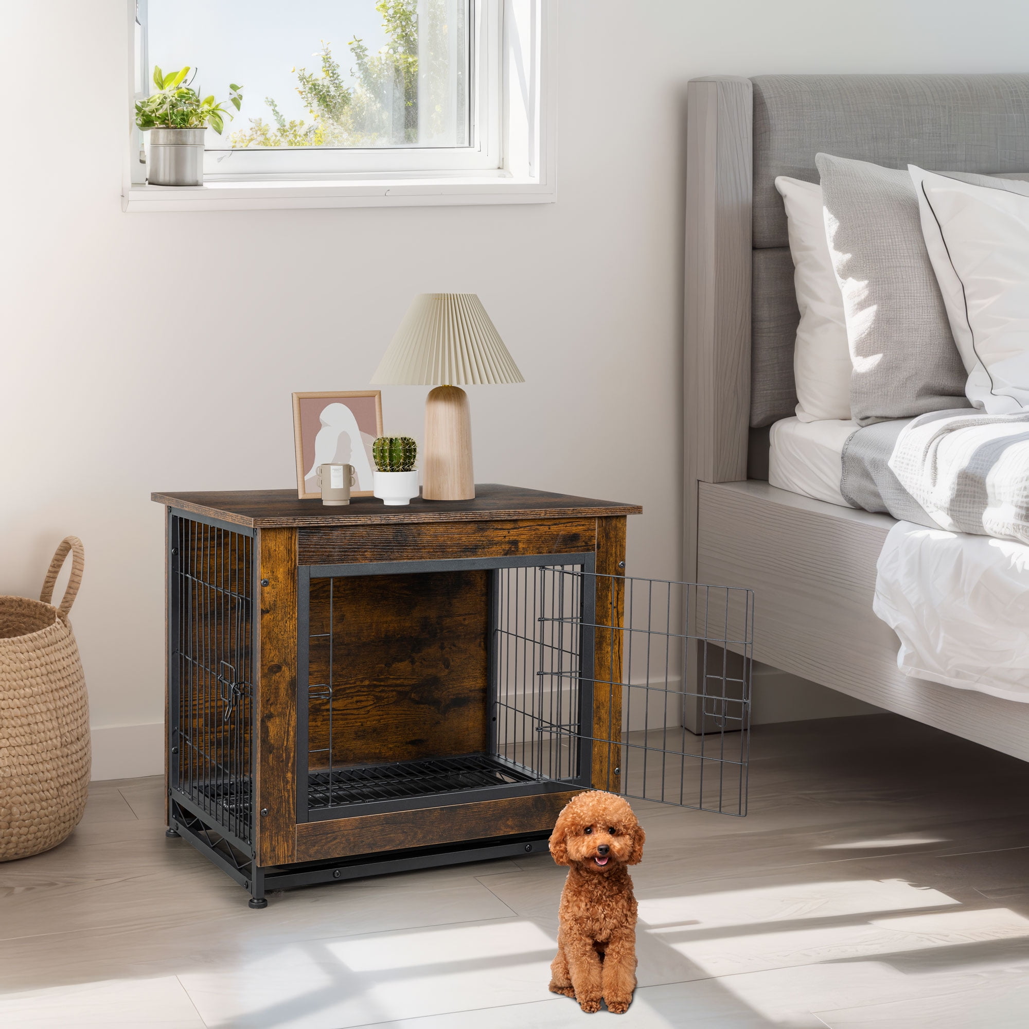 Walsunny Wooden Dog Crate Furniture,Double-Doors Kennel Indoor with Divider and Removable Tray,End Table Dog Crate for Decoration 27.2"L x 20.1"W x 23.6"H,Brwon