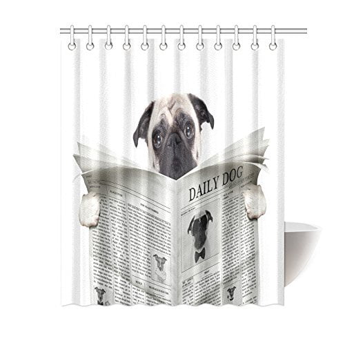 Shower Curtain Art Decor Set Pug Dog Looking Daily Dog Newspaper Bath Curtains 