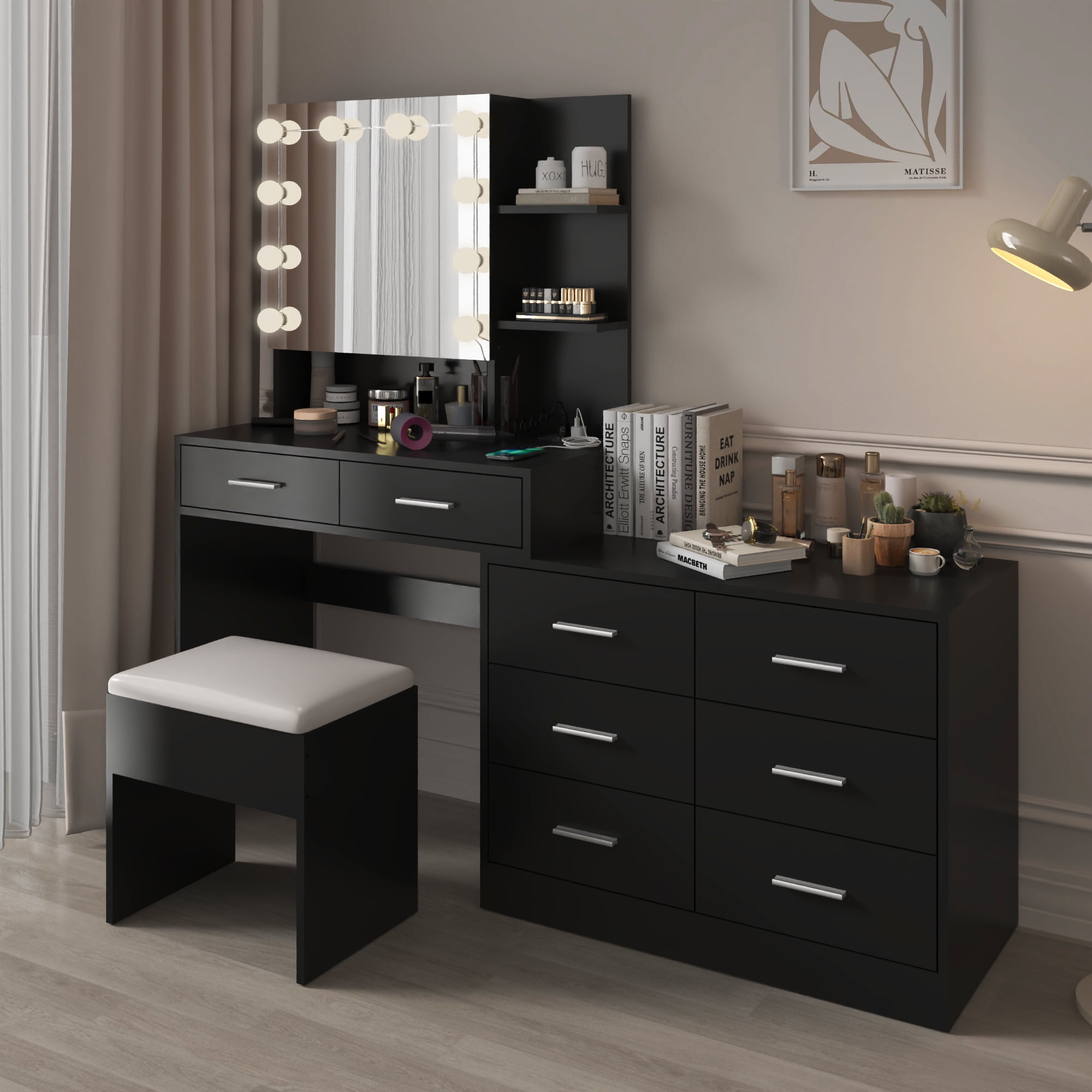 Ktaxon Makeup Vanity with 8 Drawers&Charging Station, Vanity Desk with 3 Color Light, Vanity Table Set w/ Drawer Dresser, Black