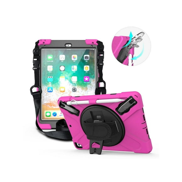 Shockproof Case for iPad 9.7 inch 2017 2018 iPad Air 2 2017 iPad Pro 9.7 2016 with Rotating Kickstand Hand Strap Pencil Holder and Shoulder Strap