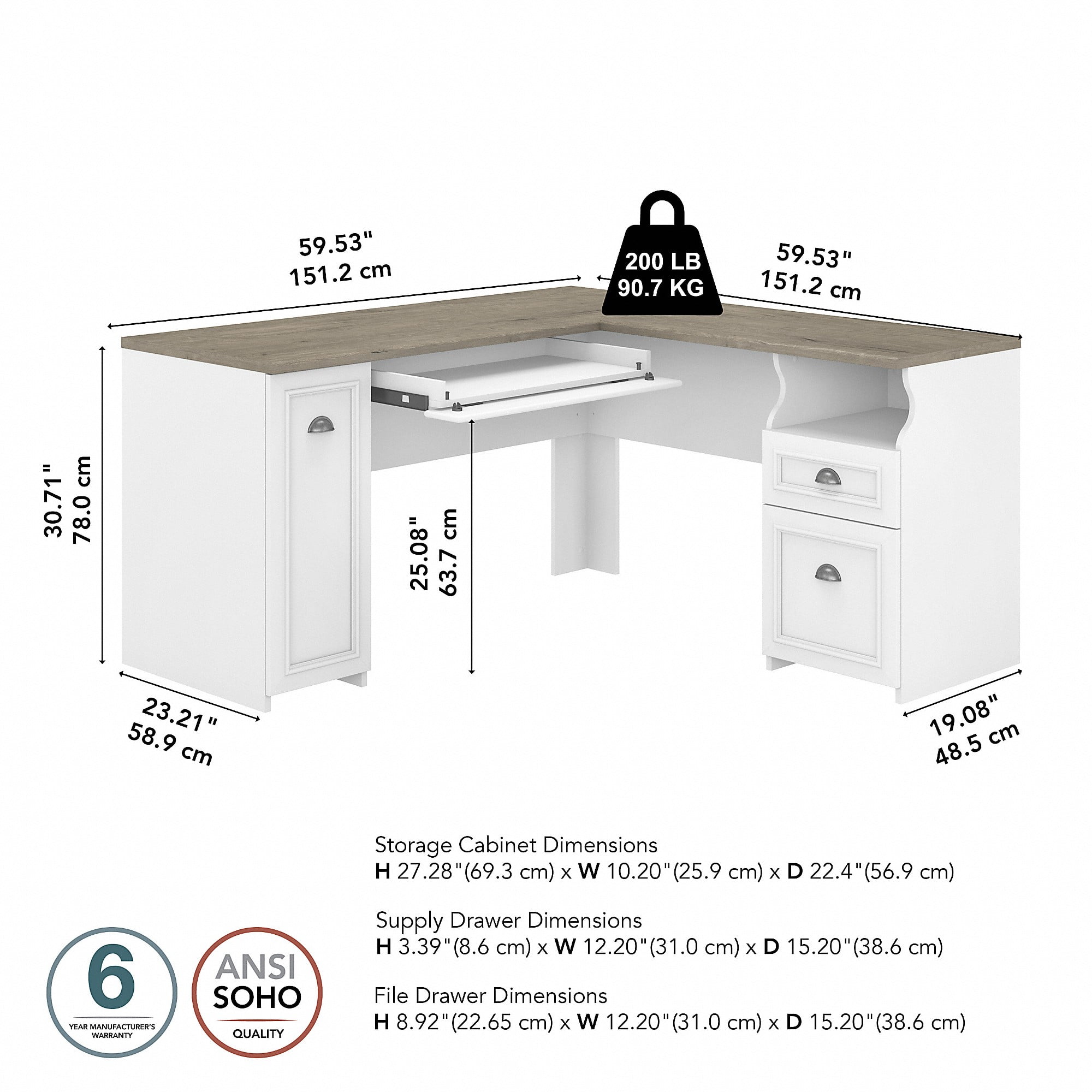 Bush Furniture Fairview 60W L Shaped Desk with Drawers and Storage Cabinet, White/Gray