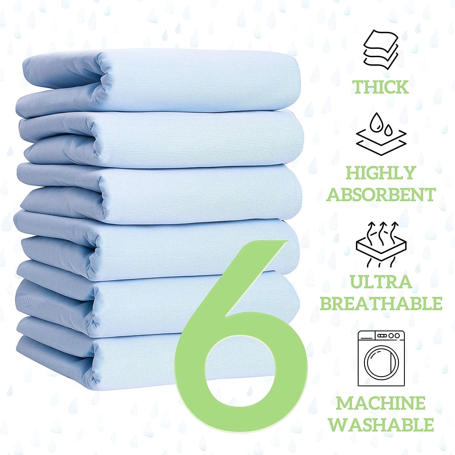 6 Pack Reusable Underpads, 30” x 34” Incontinence Bed Pads for Adults, Kids  & Pets with Super Absorbent Layer and Washable Waterproof Backing, Ideal