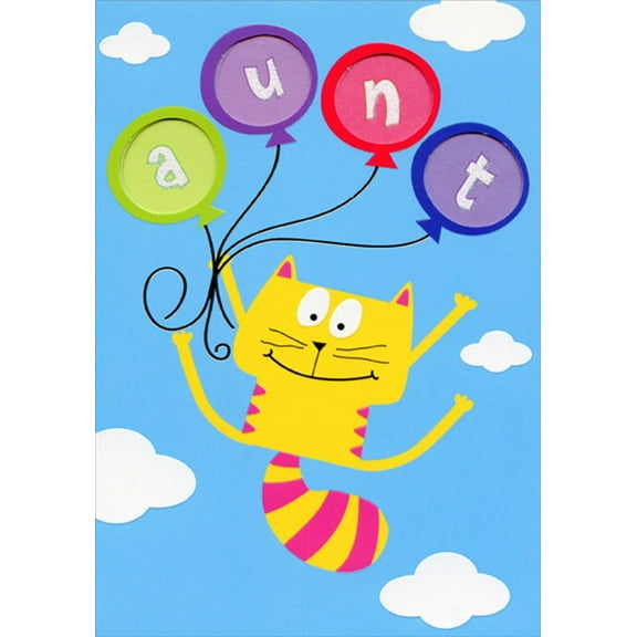 Designer Greetings Cat Floating with 4 Balloons Die Cut Windows Juvenile : Kids Birthday Card for Aunt