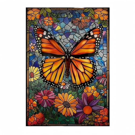 28x40 Inch Stained Glass Butterfly Garden Flag, Double Sided Floral Large House Flag, Weather Resistant Seasonal Outdoor Yard Spring Summer Decoration