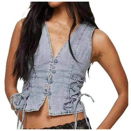 DVKOVI Womans Tank Tops Women Button Down Denim Vest Sexy Sleeveless Denim Crop Top V Neck Low Cut Strapless Jean Corset Bustier Streetwear Blue M
