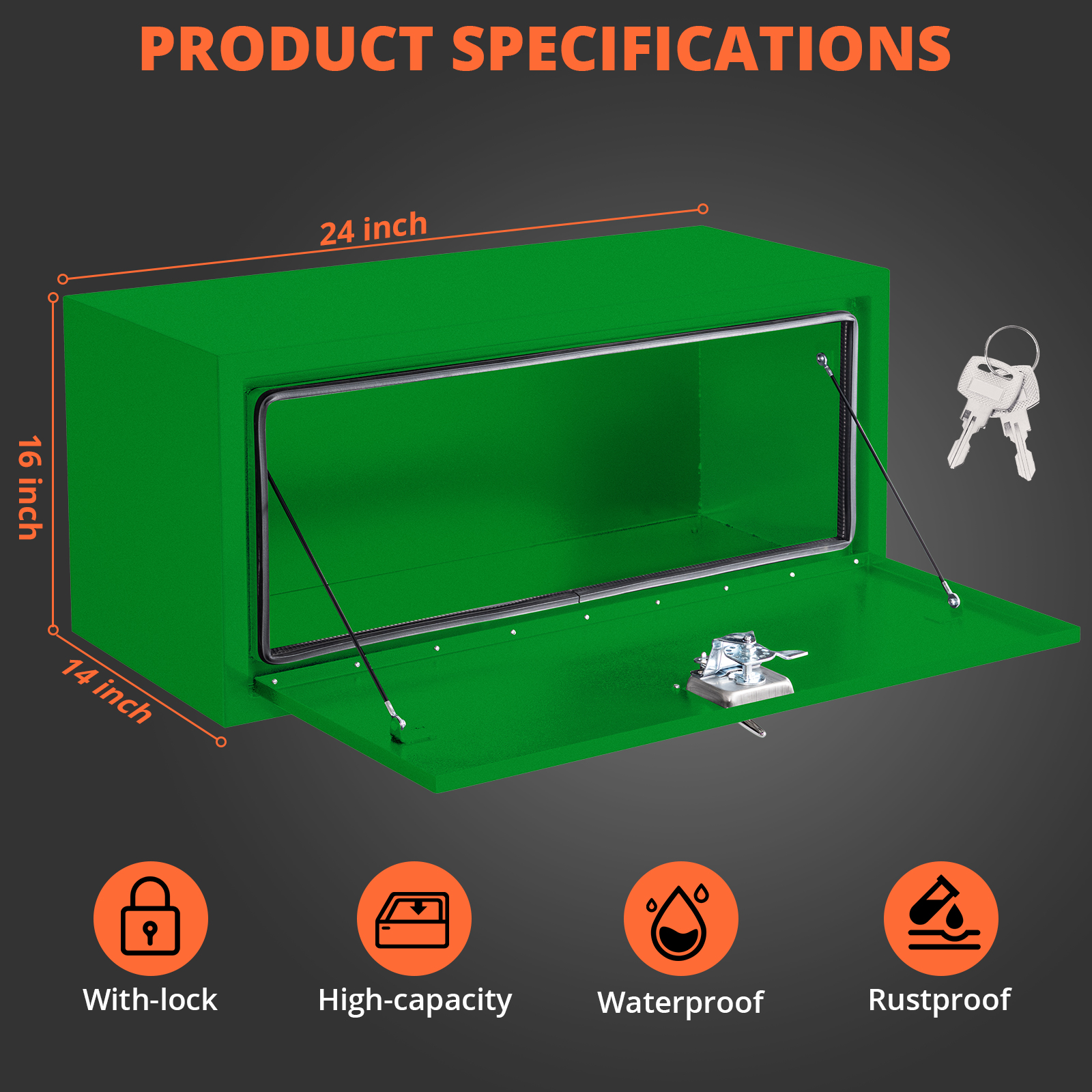 24x14x16 Inch Steel Lockable Waterproof Heavy-Duty Underbody Truck Tool Box for Tools, Under Truck Mounted Space-Saving Design, Green