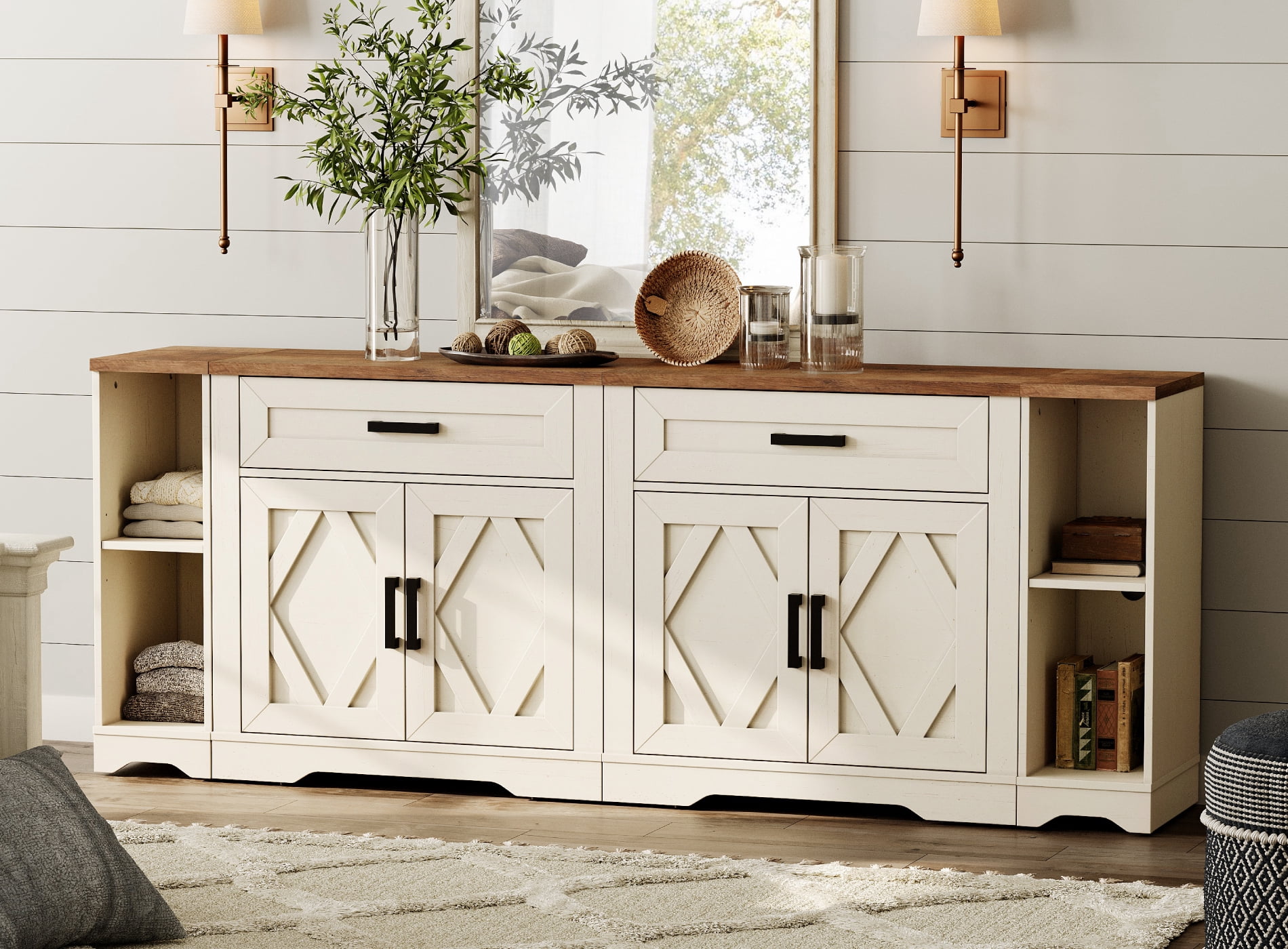WAMPAT 82.7"W TV Stand for up to 95" TVs,Farmhouse Entertainment Center with Storage Barn Door Cabinet,TV Console Table with Media Cabinet and Drawers for Living Room,Bedroom,Cream White
