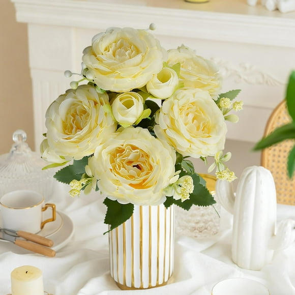 Bouquet de Roses Artificielles en Soie Synthétique - Fleurs Artificielles pour la Décoration Intérieure, Composition Florale à 5, Beige, JKODE