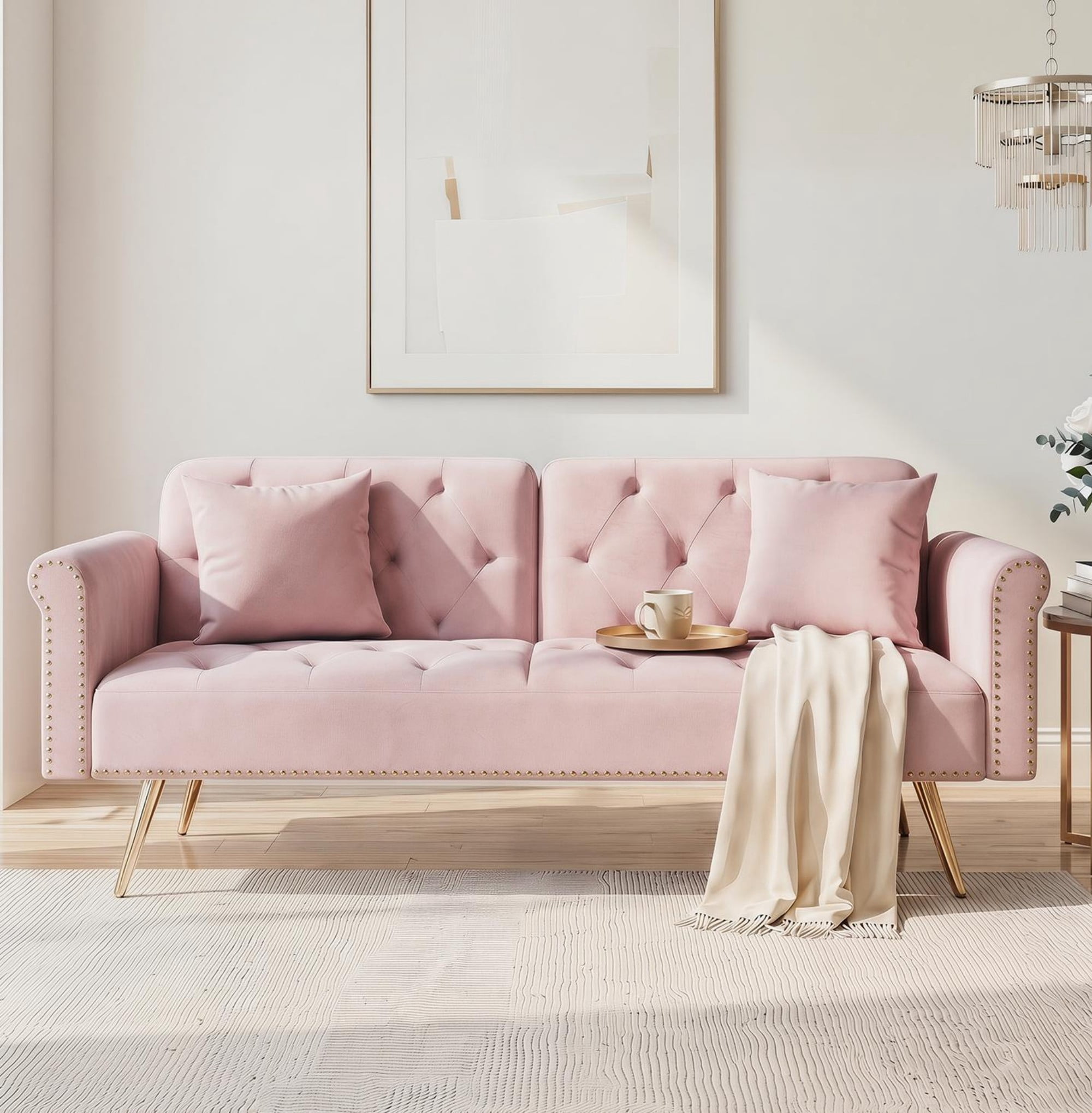 Leumius 70" Loveseat Sofa,Convertible Futon Sofa Bed Velvet Sleeper Sofa Bed with Throw Pillow & Gold Metal Legs,2-Seat Loveseat for Living Room,Bedroom,Office,Pink