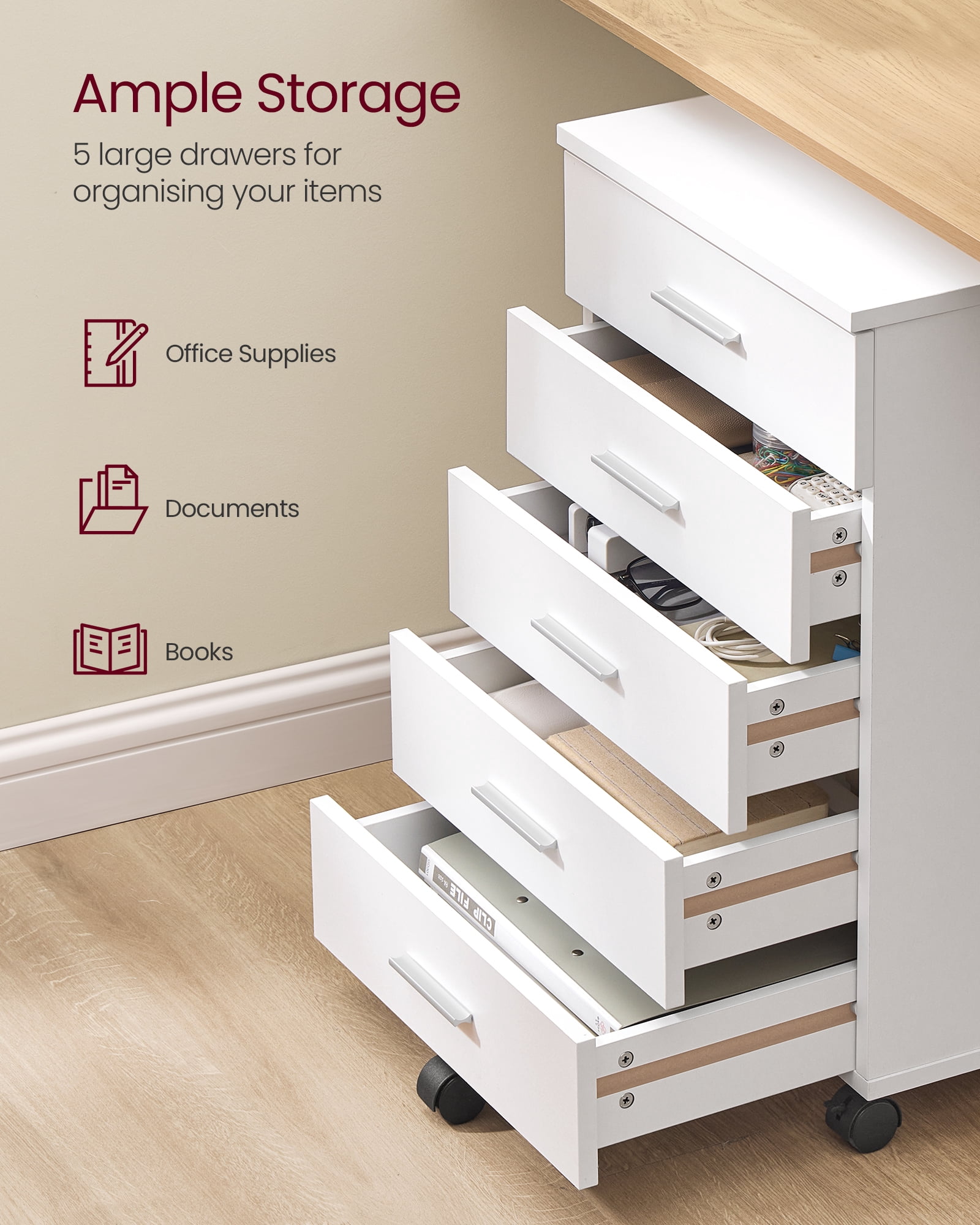 Mobile 5-Drawer File Cabinet - Tool-Free Assembly, Locking Wheels, Printer Stand for Home Office, Cloud White