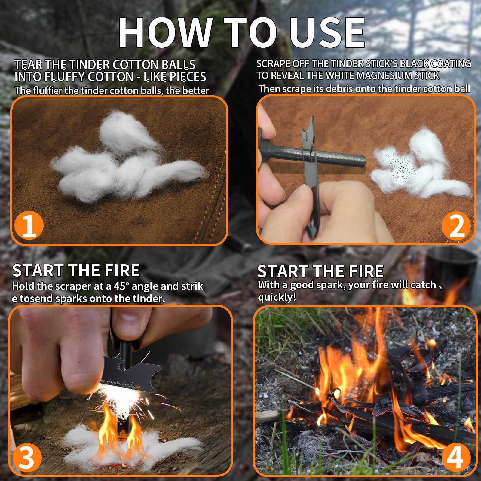 2 Pack Magnesium Fire Starter with Striker Ferro Rod Fire Starter Survival Tool High Temp Magnesium Rod with 20 Waterproof Tinder Packs Steel Fire Starter for Camping Hiking Emergency