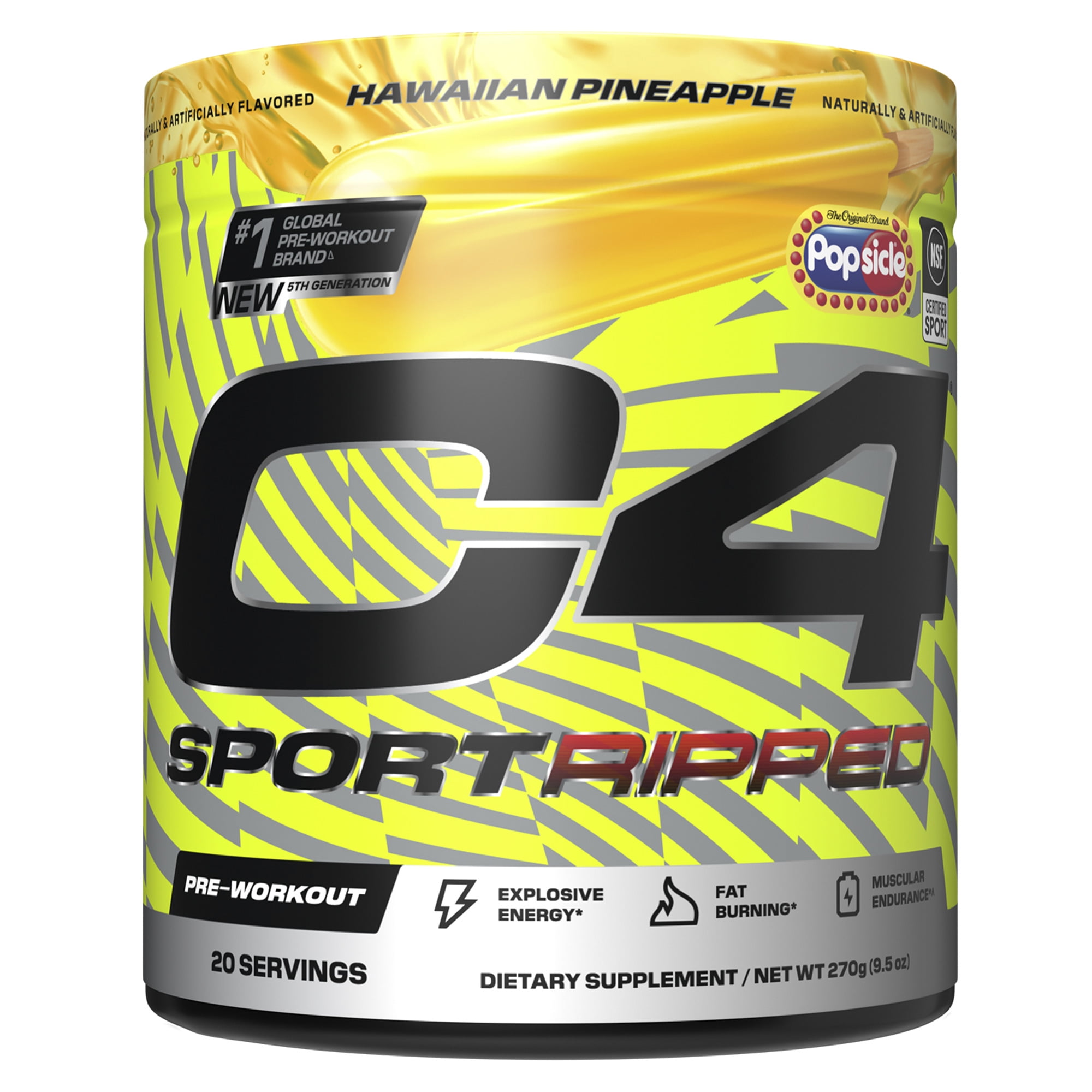 C4 Sport Ripped Pre-Workout Powder, Popsicle Hawaiian Pineapple, 20 Servings