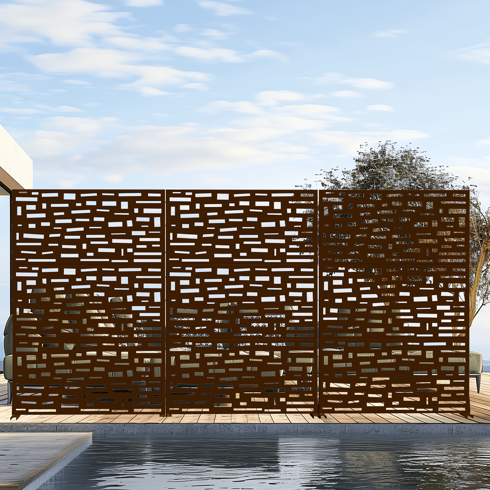 MAYEERTY 72"x47"x16" Outdoor Privacy Screen with Stand Metal Balcony Decorative Screen,Brown