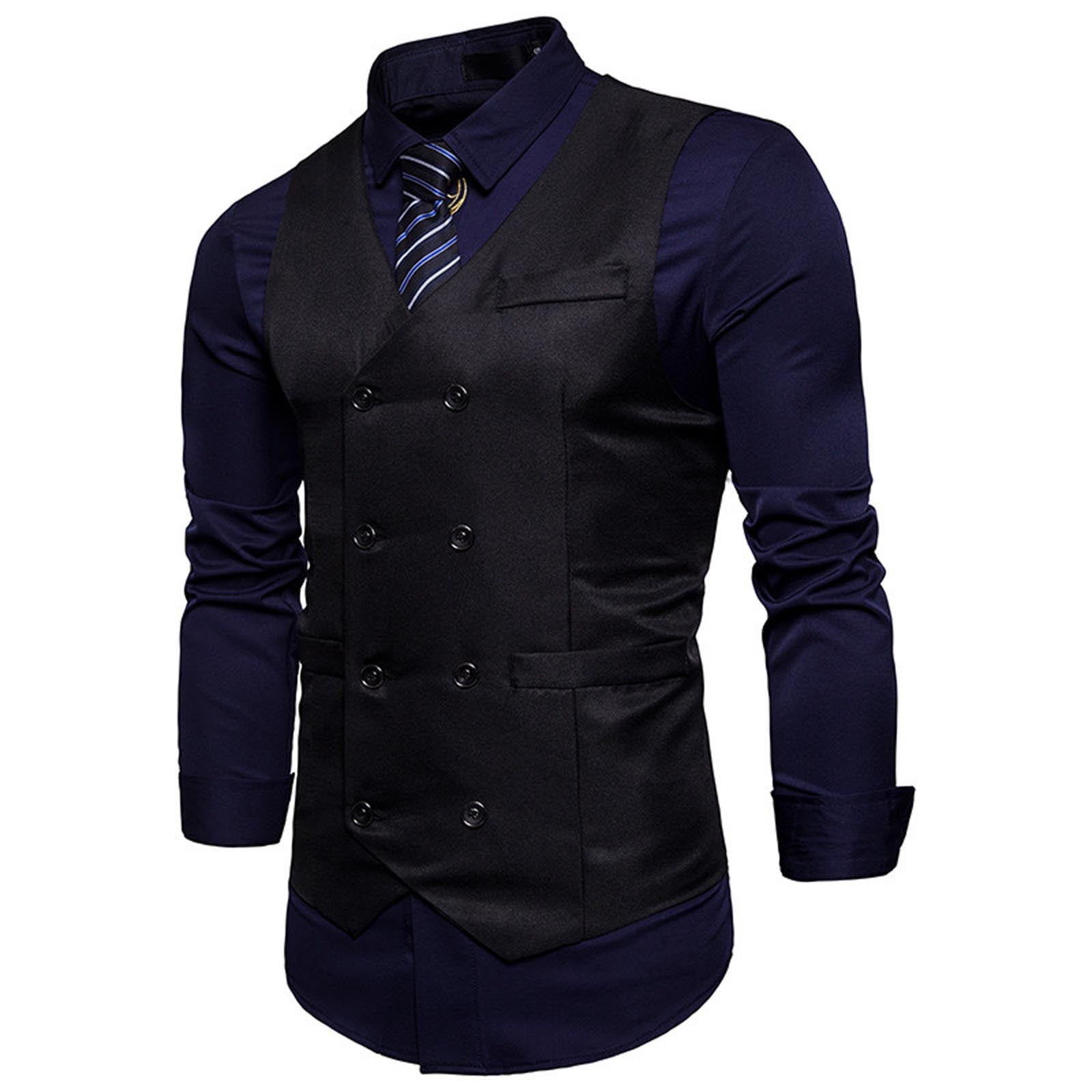 Men's Business Formal Suit Vest Double-breasted Dress Suits Blazer V-neck Trim Waistcoat Wedding Tuxedo Vest