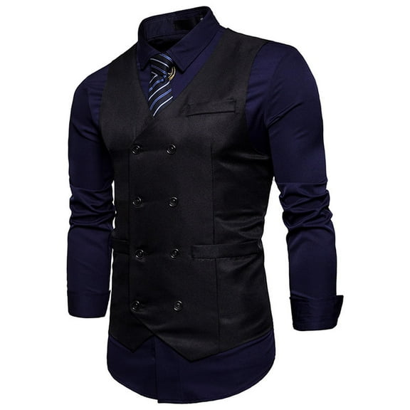 Xysaqa Men's Double Breasted Suit Vests, Slim Fit Formal Dress Waistcoat Pocket Casual Business Suit Vest Tuxedo M-XXL