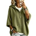 thumbnail image 2 of HaCpiu Women's Henley Hooded Knit Poncho, Solid Loose 3/4 Sleeve Pullover, Lightweight Button-Up Drape Sweater with Drawstring, Army Green L, 2 of 5