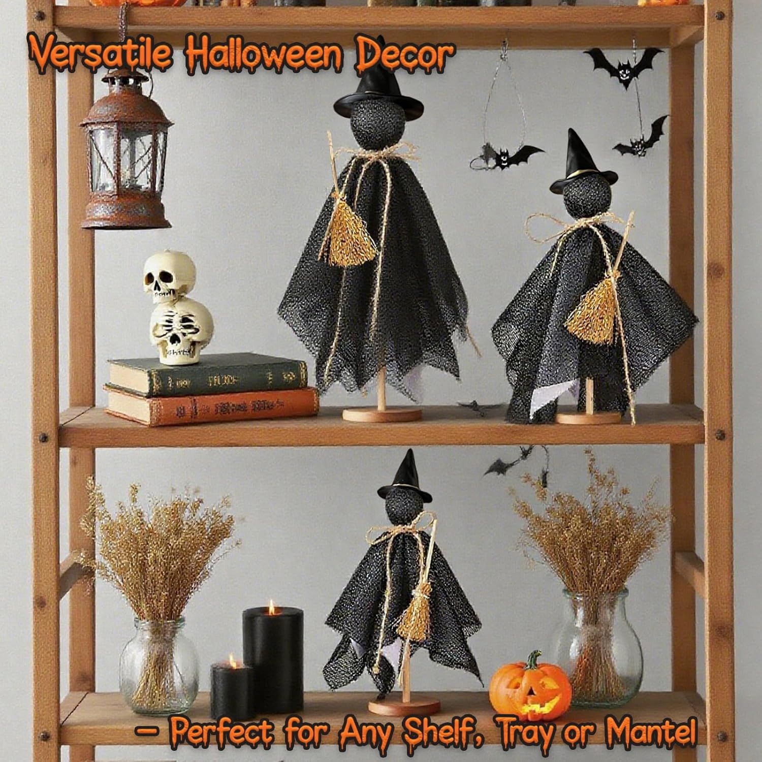 Primitive Halloween Ghost Set with Wizard Hats on Wooden Stands for Rustic Home Decor