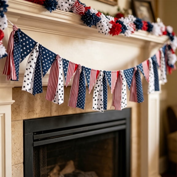 Tyidzon 4th of July Bunting, Patriotic Nylon Banners Red White Blue, American Flag Decorations for Independence Day Outdoor Party, 98Inch