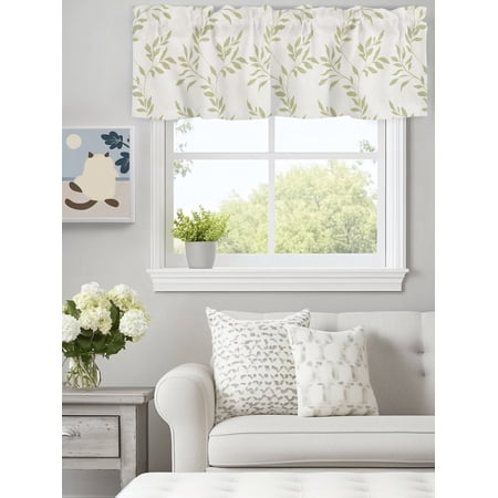 Curtain Valance for Windows Seamless Sage Green Leaves Kitchen Valances Rod Pocket Short Curtains Retro Leaf Plant on Beige Window Valance for Bedroom Bathroom Living room 60x18in