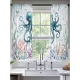 thumbnail image 2 of Teal Octopus Coastal Sheer Curtains 63 Inch Length 2 Panels Set, Summer Beach Ocean Coral Nautical Voile Window Treatment Rod Pocket Curtains Sheers Drapes for Bedroom/Living Room/Kitchen 52x"63"x2, 2 of 7