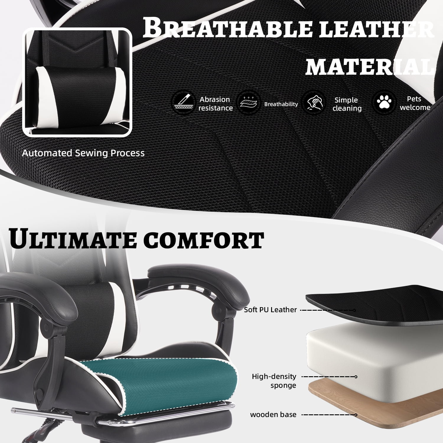Mintazer Gaming Chairs with Footrest, Massage Leather Game Computer Chair with Headrest and Lumbar Support, E-Sports Chair for Adults Home Office, Black & White