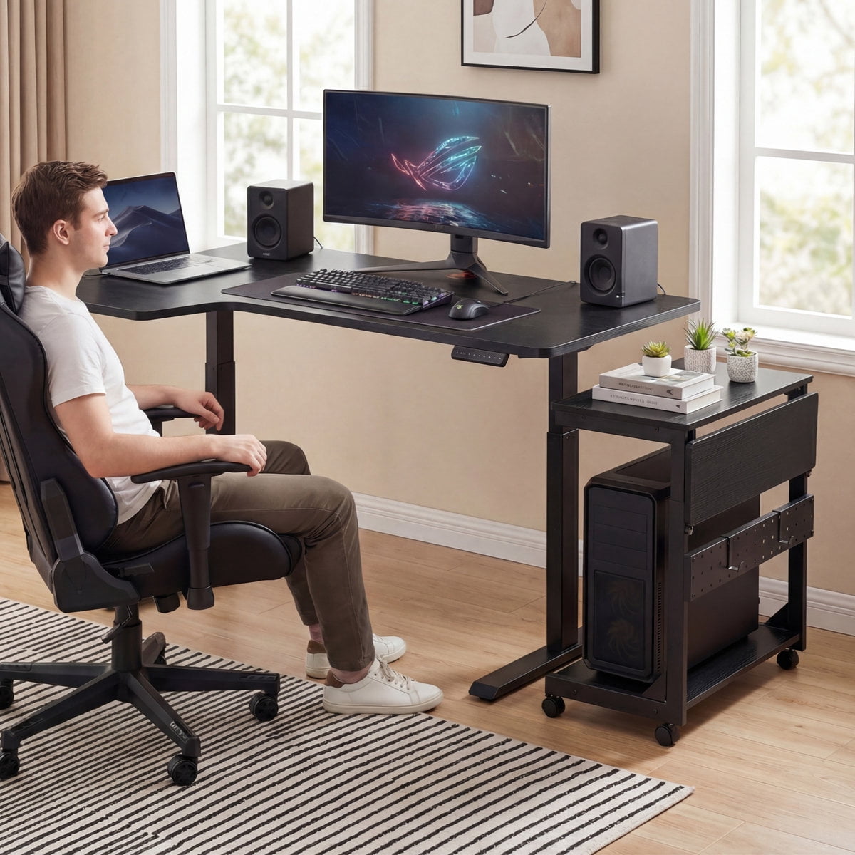JIOABL Height Adjustable 2-Tier Computer Tower Stand with Folding Panel, Wheels, Pegboard & Mouse Pad, Black