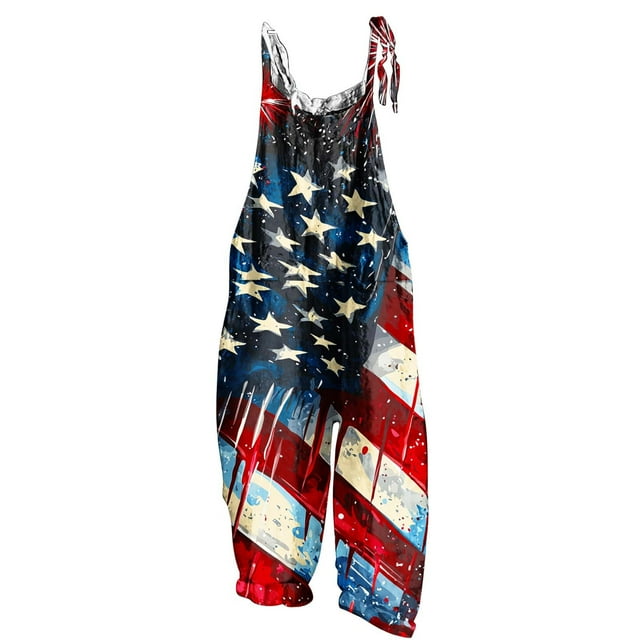 Independence Day Printed Sleeveless Backless Loose-Fit Jumpsuit for Women, Polyester Casual Romper with Pockets, Adjustable Straps, Wide-Leg Design, Red Color, L Size