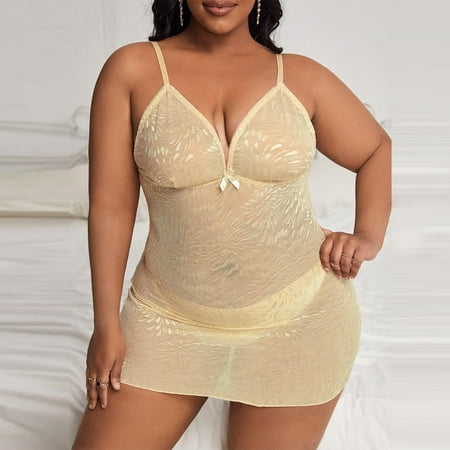 

ALSLIAO Plus Size Women Sexy Lace Lingerie Nighdress Pajamas Nightgown Dress Briefs 2Pcs Apricot 3XL