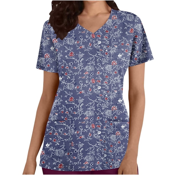 Tops Cortos para las Mujeres Impreso Bolsillo V-Cuello Enfermera Estilo Blusa, Casual Y Cómodo Manga Corta Superior