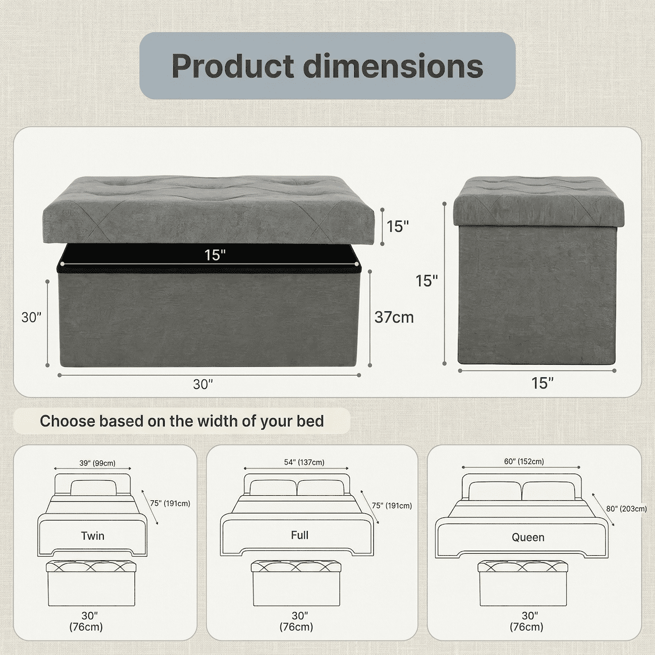 Folding Storage Ottoman Bench 30 Inch, Heavy Duty 660lbs Storage Ottoman with Lid, Collapsible Linen Fabric Ottoman Foot Rest Stool, End of Bed Bench for Bedroom, Living Room, Entryway, Dark Gray