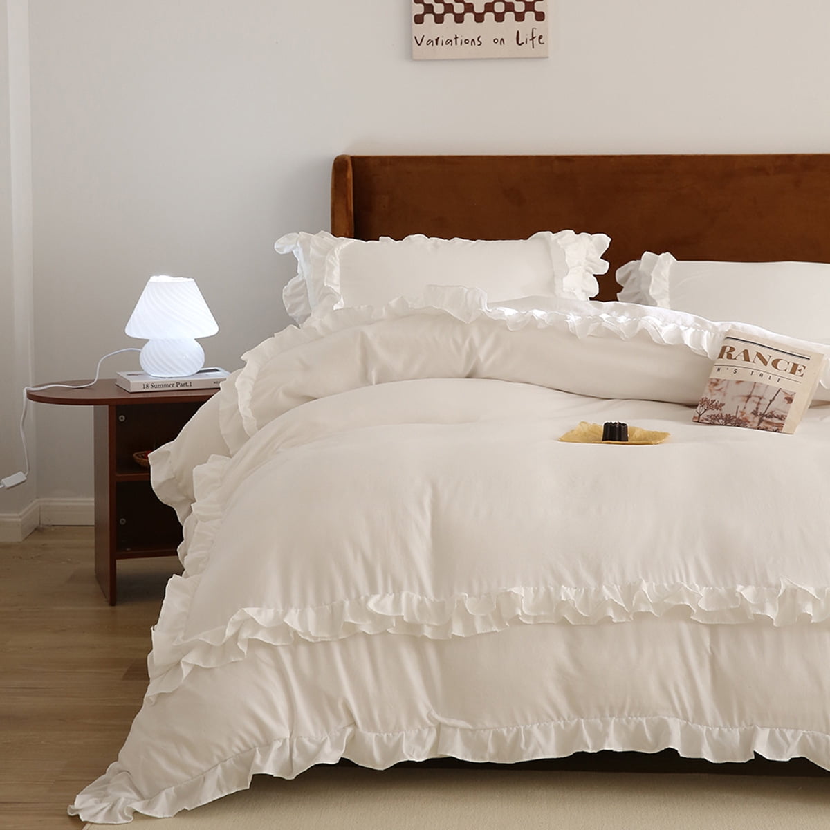 Bedding Duvet Cover With Pillowcase Set Washed Cotton Ruffle Edge White Twin Size
