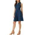 thumbnail image 4 of INSPIRE CHIC Women's Denim Sleeveless V Neck Belted Fit And Flare Shirt Dress M Dark Blue, 4 of 6