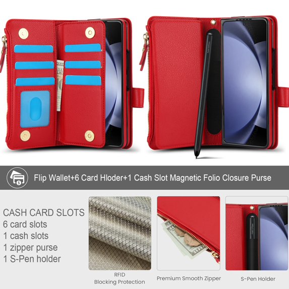 Dteck Zipper Wallet Case for Samsung Galaxy Z Fold 7,Magnetic Leather Card Slot Cash Pocket Case with Pen Holder Shockproof Hand Strap Heavy Duty Cover for Galaxy Z Fold 7,Red