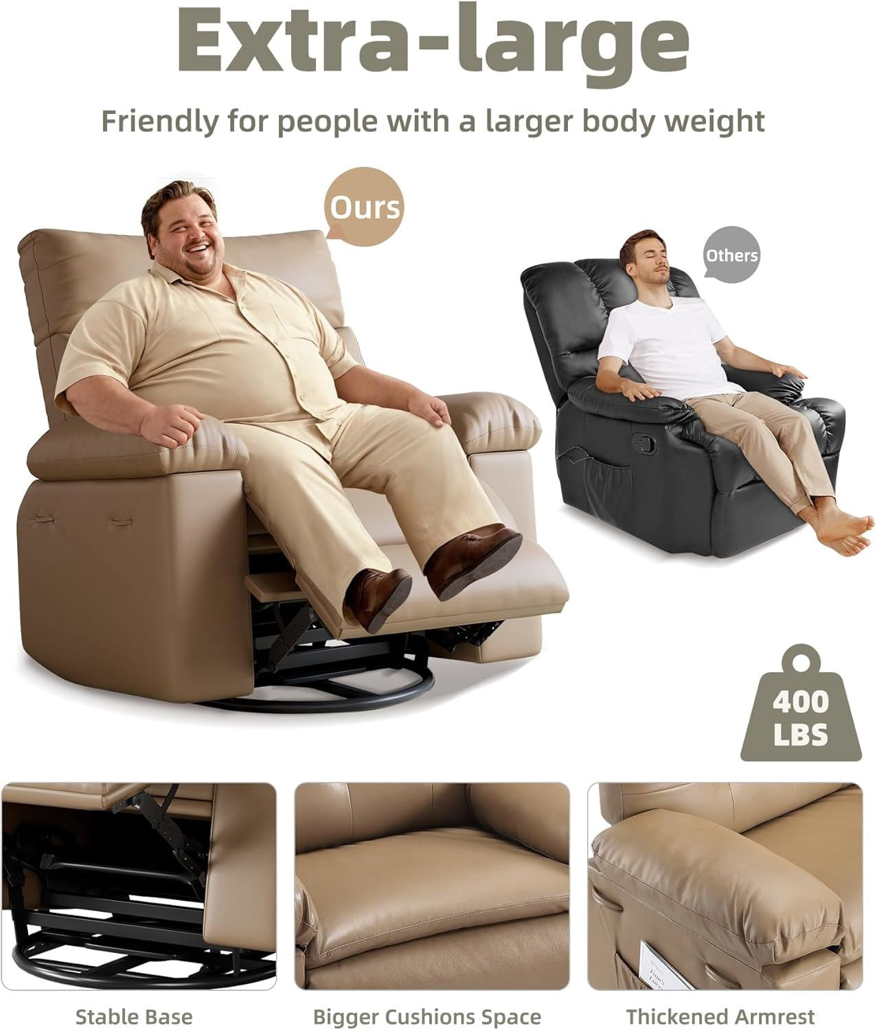 Oversized Extra Wide Recliner Chair - Faux PU Leather Large Manual Recliner for Adults, Exceptional Comfort Lazy Chair with 1.5X Sponge Filling and Easy Recline Mechanism for Relaxation