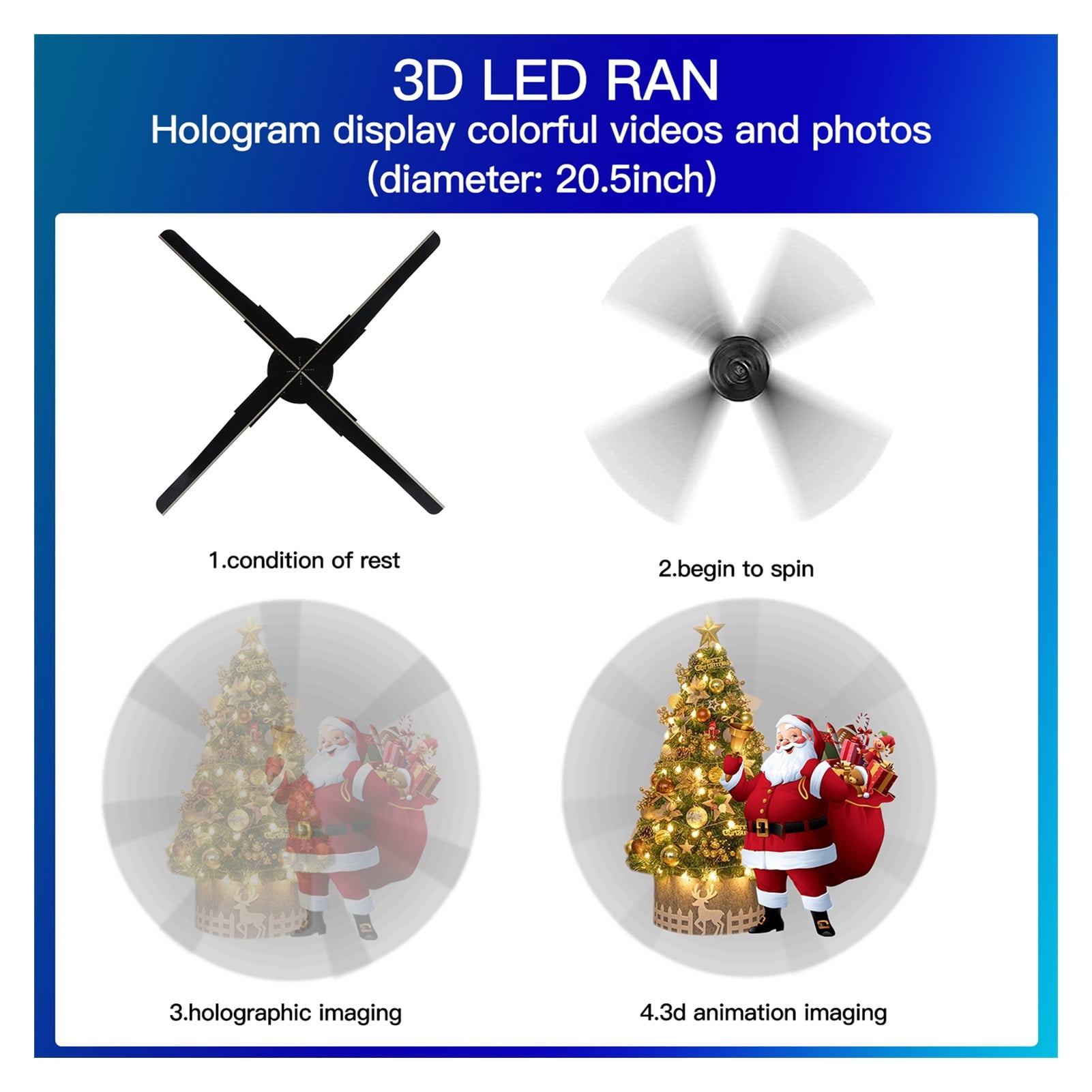 3D Hologram, The New 3D WiFi Holographic Projector Built-in 8G Storage 45cm 4 Blade Rotating High-definition LED Advertising Projection Ideal Advertising Tool