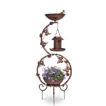 Qiushi 38 Inch Solar Bird Bath with Feeder and Flower Planter Pedestal – Weather Resistant Outdoor Bird Bath, Decorative Metal Bird Bath with Butterfly Design for Garden Yard, Bronze