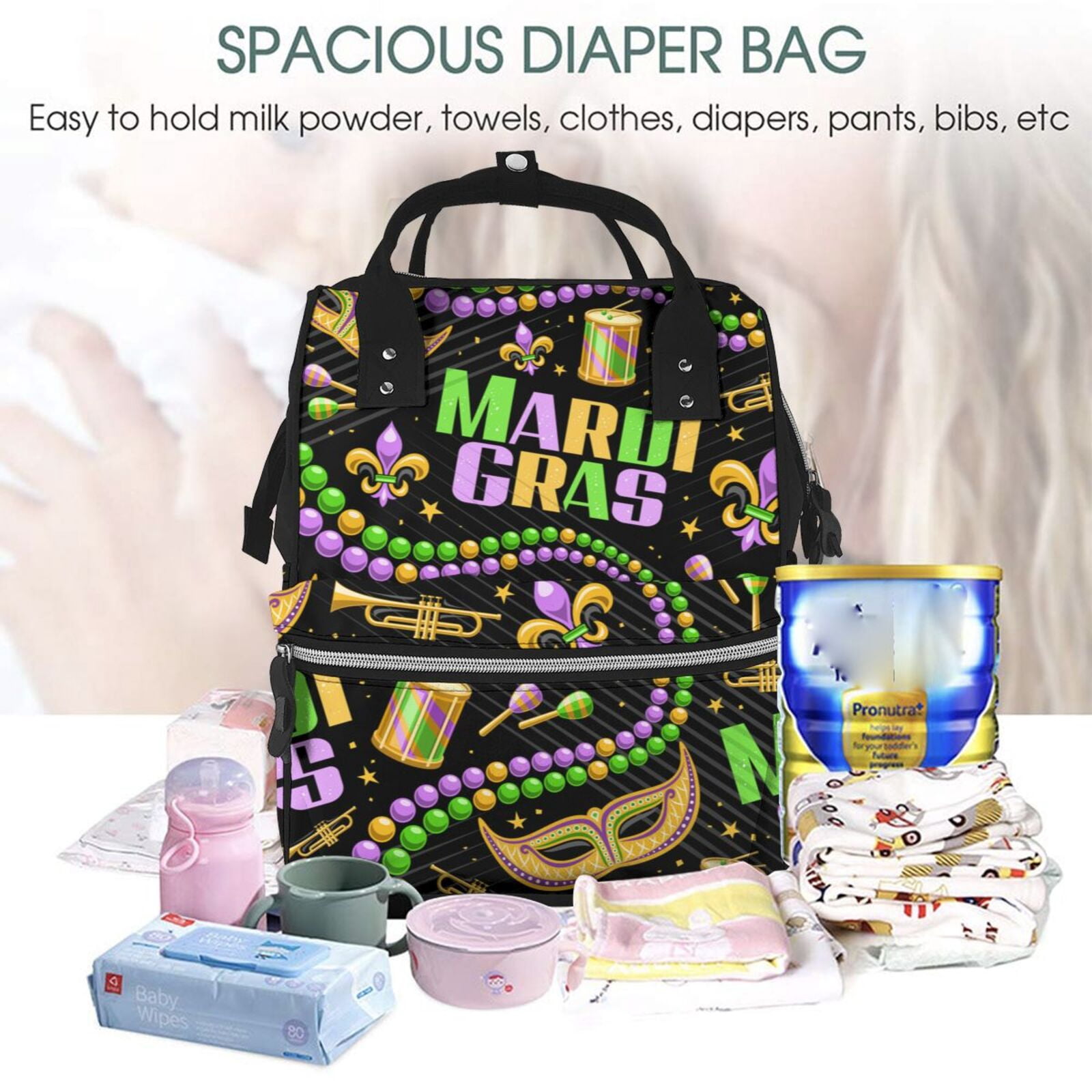 Fuzoiu Mardi Gras3 Print Diaper Bag Backpack,Baby Essentials Travel Tote,Multi function Waterproof Diaper Bag, Travel Essentials Baby Bag - Unisex