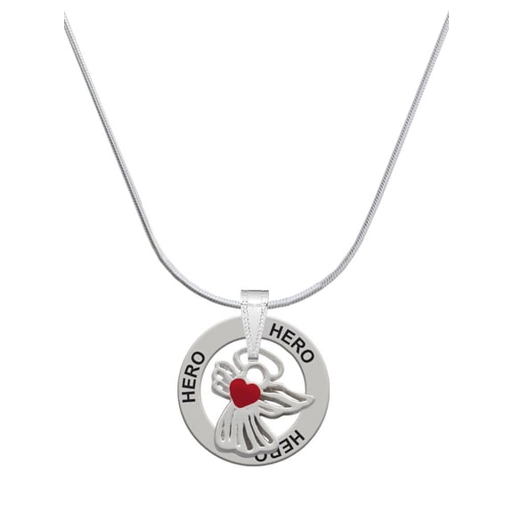Delight Jewelry Silvertone Lined Angel with Red Heart Hero Ring Charm Necklace, 18"