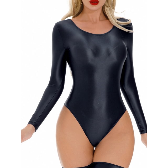 TiaoBug Justaucorps Brillant à l'Huile pour Femmes Lingerie Aguichant une Pièce Manches Longues Col Rond Noir L