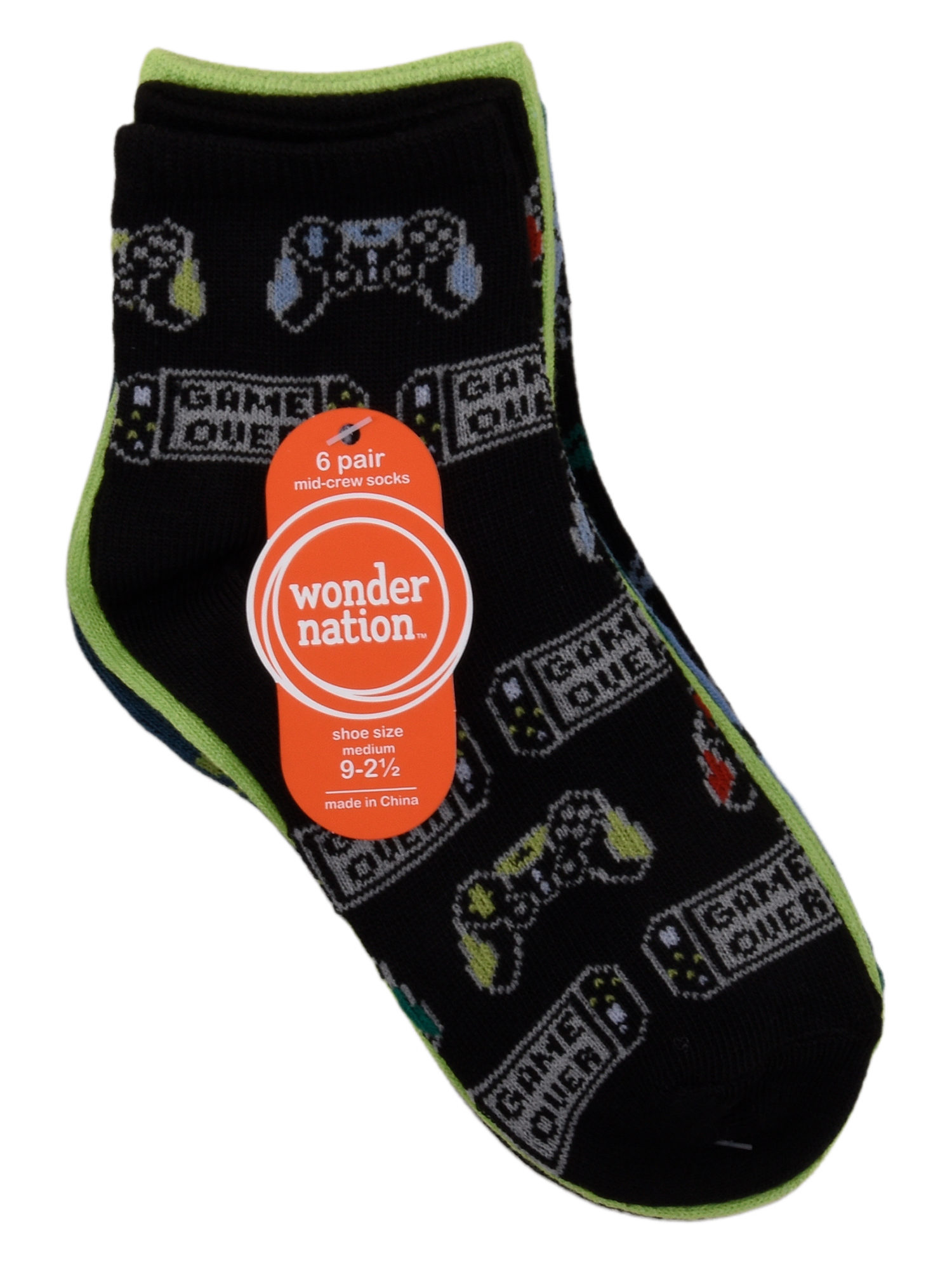 Wonder Nation Mid Crew Graphic Socks, 6-Pack Boys Shoe Size S (4-8.5) - L (3-9)