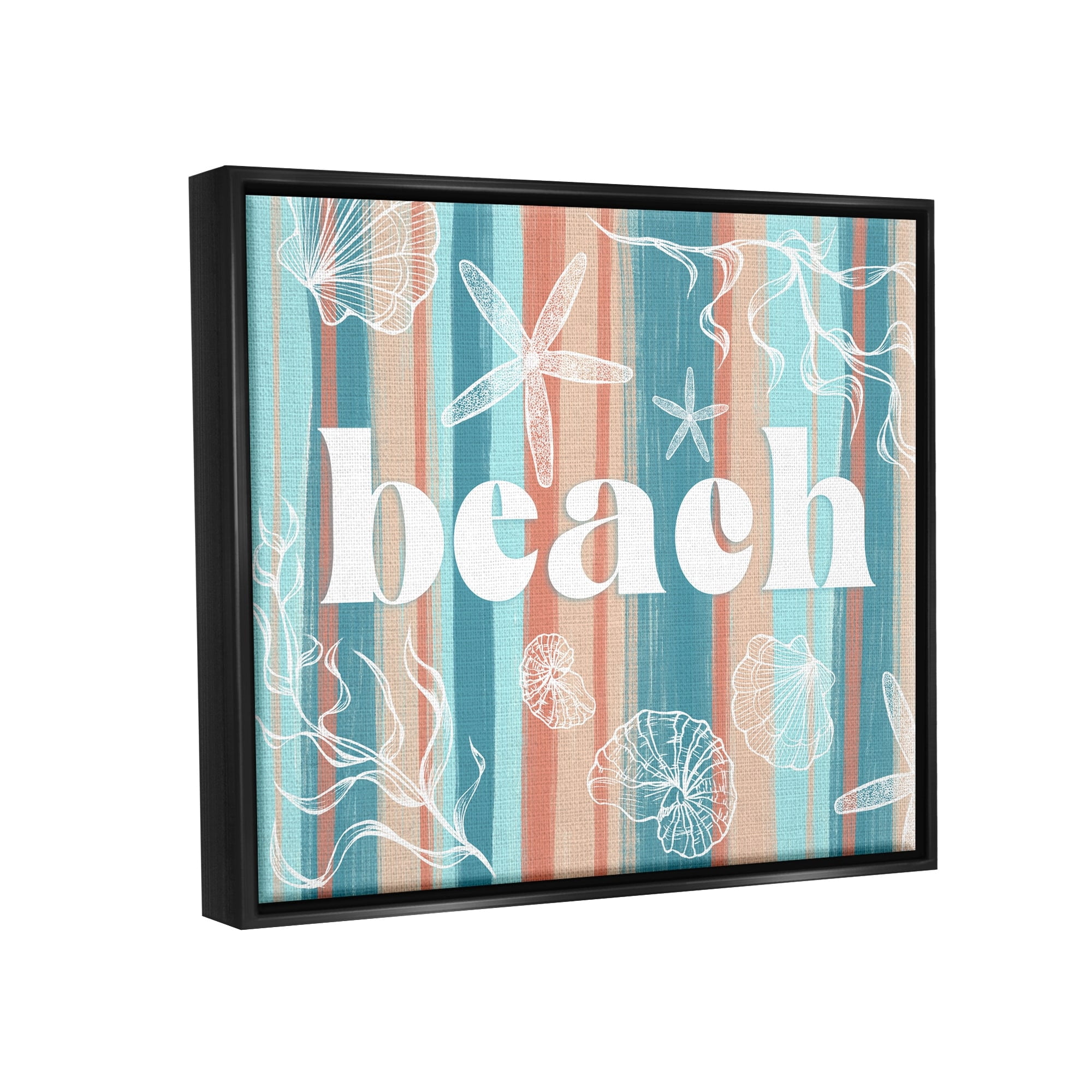 Stupell Industries Striped Beach Sign Various Sea Life Seaweed Coral Graphic Art Metallic Gold Floating Framed Canvas Print Wall Art, Design by Ziwei Li