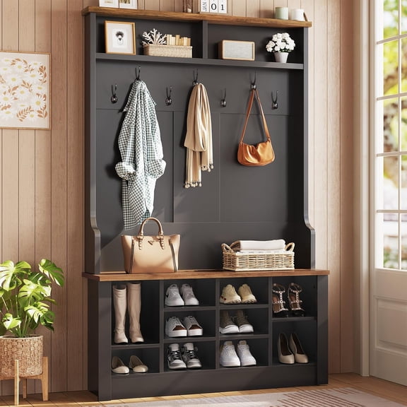 39.4 Inch Hall Tree with Bench and Shoe Storage, 3-in-1 Entryway Bench with Coat Rack, Hall Tree with Adjustable Shoe Storage and Hanging Hooks, Black Brown