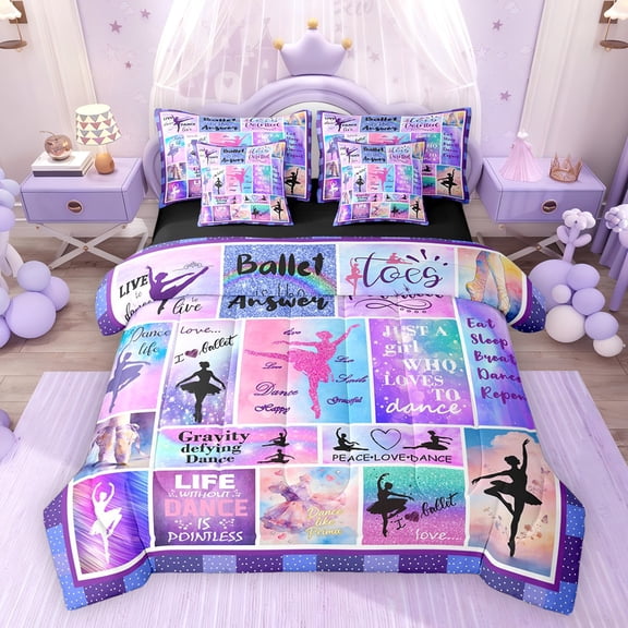 Feelyou Ballet Dance Twin Bedding Sets 7pcs, Purple Patchwork Plaid Bedding Comforter Set