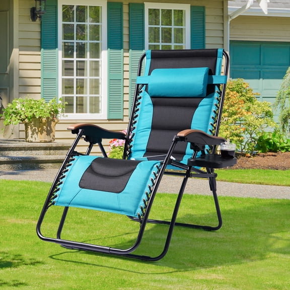 CHYVARY Oversized Zero Gravity Patio Reclining Padded Lounge Chair with an Adjustable Headrest and a Side Tray, Lake Blue
