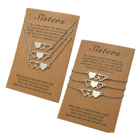 MANNYA 3-pcs Best Friend Bracelets 3-pcs Long Distance Friendship Card Necklace Stainless Steel Heart-shaped Clavicle Chain for Sisters