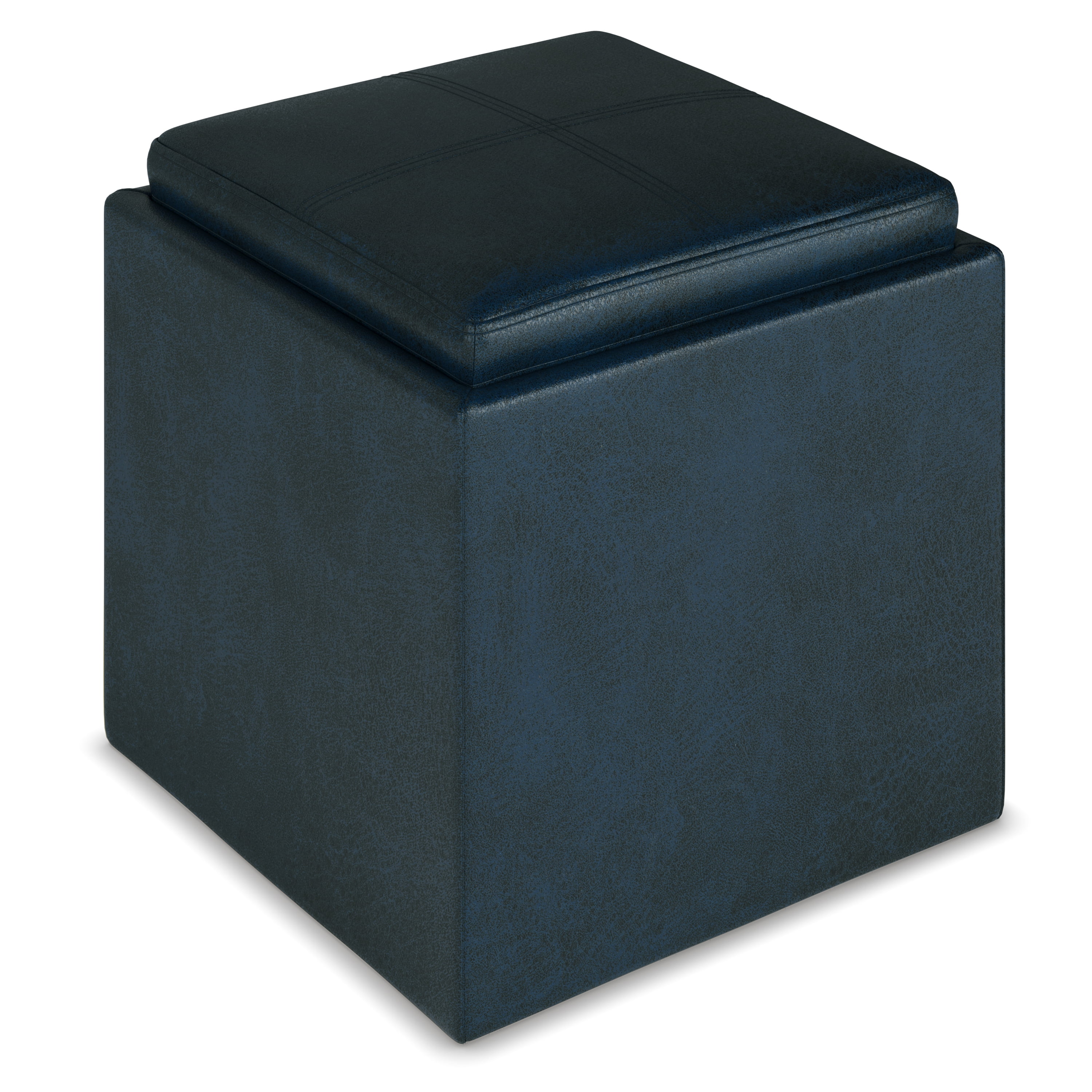 Rockwood 17 inch Wide Cube Storage Ottoman with Tray in Distressed Dark Blue Vegan Leather